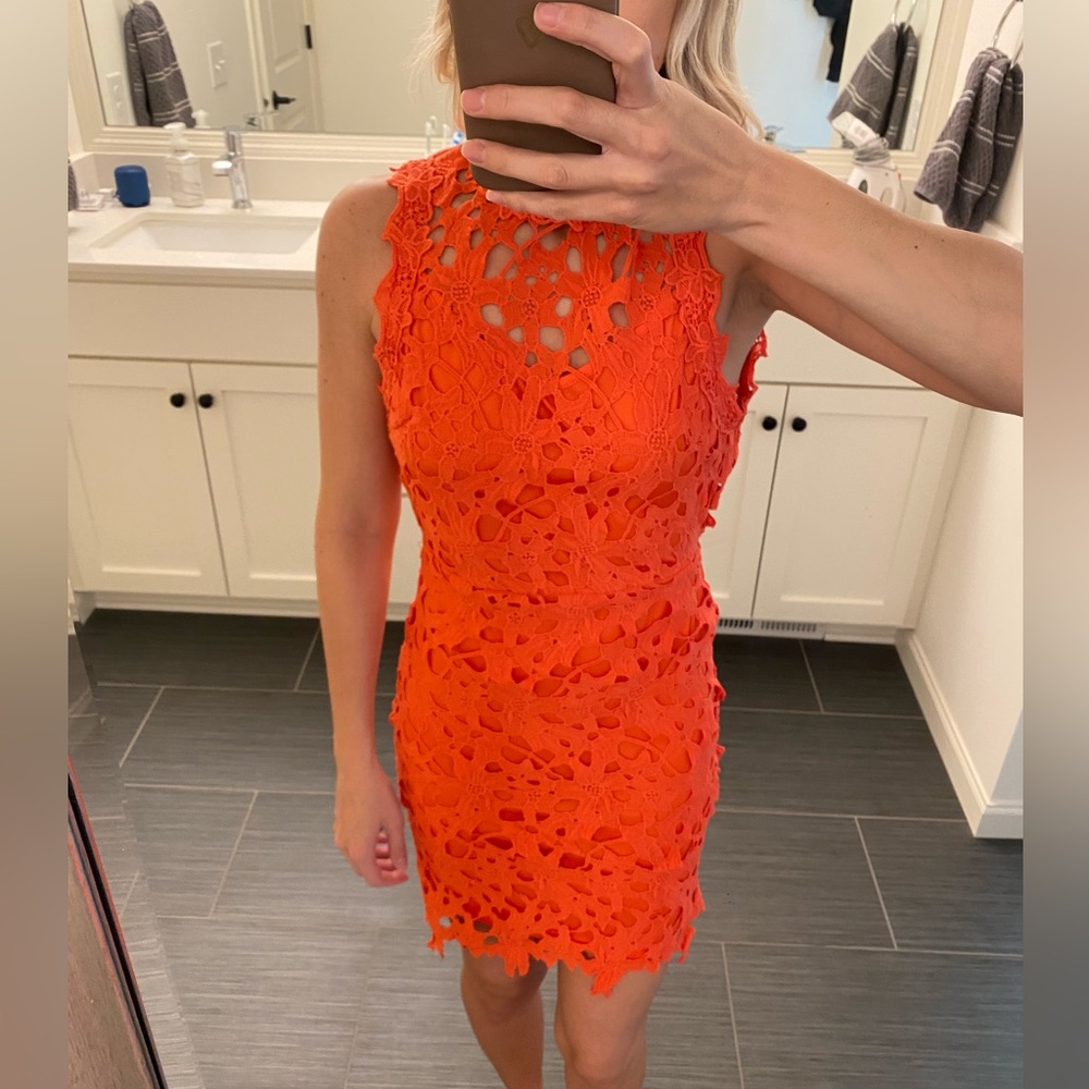 Coral Lace Open-Back Mini Dress